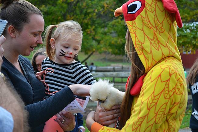 Mother and child petting chicken 