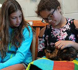 2 shelter helpers with a guinea pig